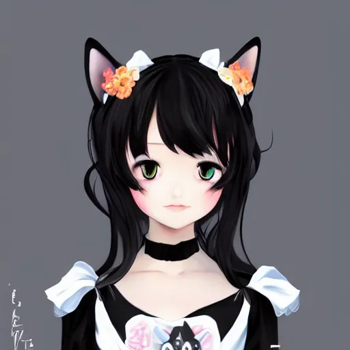 Prompt: realistic beautiful gorgeous natural cute fantasy girl black hair cute black cat ears in maid dress outfit beautiful eyes art drawn full HD 4K highest quality in artstyle by professional artists WLOP, Taejune Kim, Guweiz, ArtGerm on Artstation