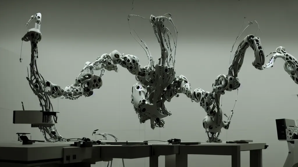 Prompt: a complex bifurcated robotic cnc surgical arm hybrid 3 d printer machine making organic ceramic kintsugi mandlebulb forms in the living room laboratory, film still from the movie directed by denis villeneuve with art direction by salvador dali, wide lens, f 3 2, cinematic lighting, studio quality, smooth render, unreal engine 5 rendered, octane rendered