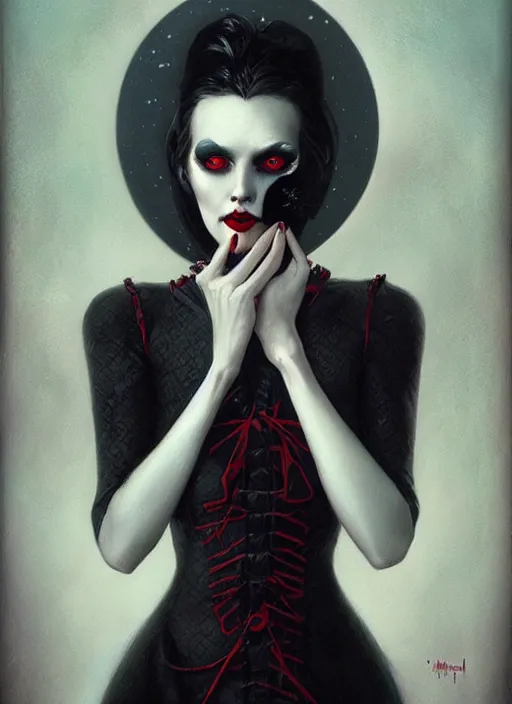 Prompt: friendly regal vampiric woman portrait by james jean, manuel sanjulian, tom bagshaw