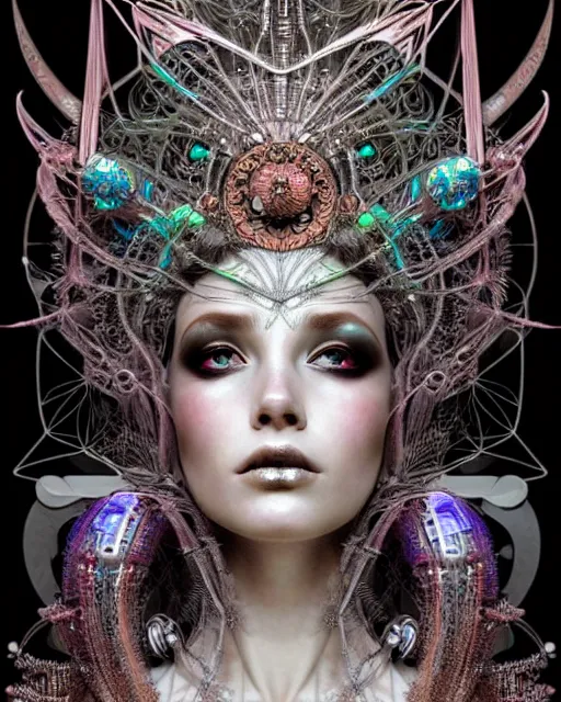 Image similar to hyperrealistic detailed portrait of a beautiful goddess in a cyber headdress, intricate cyberpunk make - up, art by android jones, ernst haeckel, nekro borja, alphonso mucha, h. r. giger, ornamental gothic - cyberpunk,