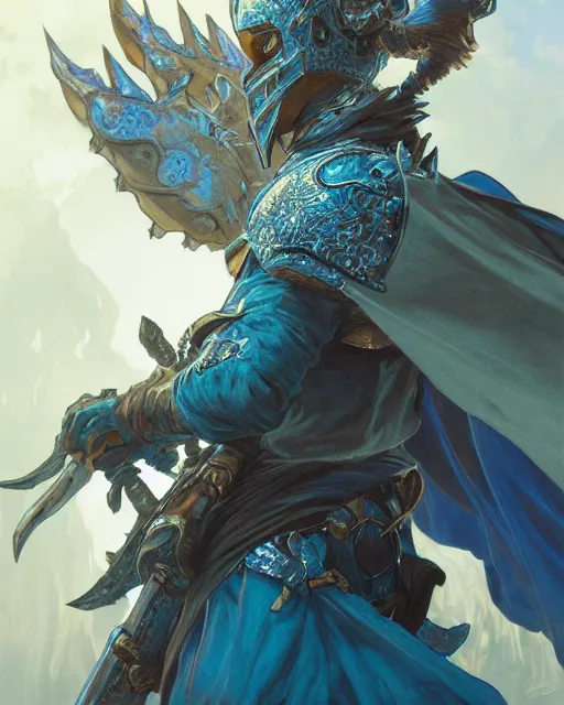 Image similar to Portrait of a Fantasy azure knight, moonlit, HD, illustration, epic, D&D, fantasy, intricate, elegant, highly detailed, digital painting, artstation, concept art, smooth, sharp focus, illustration, art by artgerm and greg rutkowski and alphonse mucha, monster hunter illustrations art book