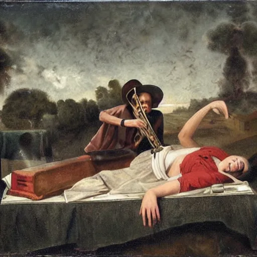 Image similar to the death of the musician noah abonara, realistic