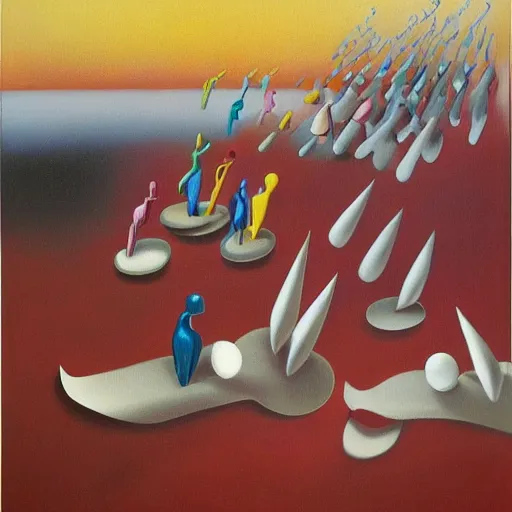 Image similar to Oil painting by Yves Tanguy. Mechanical gods with bird faces kissing. Oil painting by Lisa Yuskavage.