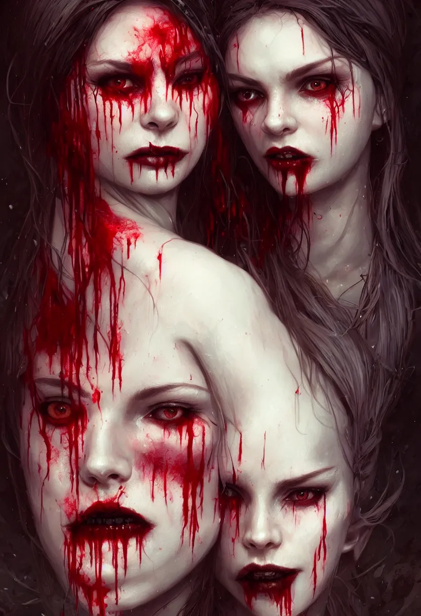 Prompt: beautiful very extreme closeup portrait, one face, bloody face, vampire girl, much blood, medieval dress. witch, makeup. unreal engine, greg rutkowski, loish, rhads, beeple, tom bagshaw, alphonse mucha, global illumination, detailed and intricate environment