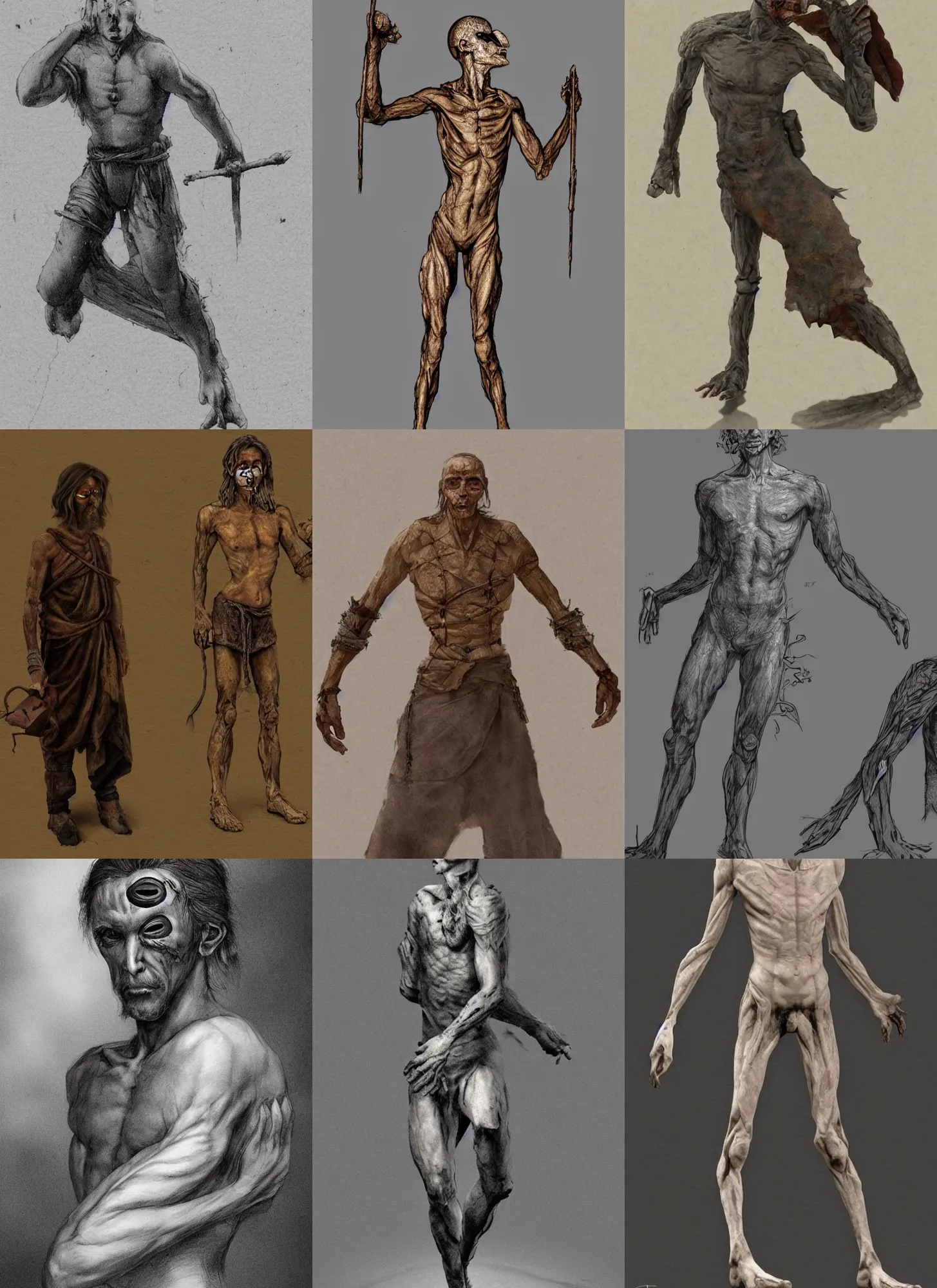 Prompt: a man with half body, a fantasy character at Proto-Slavic mythology. Human with one eye, one leg and one arm. For move hes need had to fold in half. He live somewhere on the edge of the world, multiply artificially iron. The Brings smallpox, plague and fever. Full body, detailed and realistic, 4k, top-artstation, inspired blizzard games, octane render