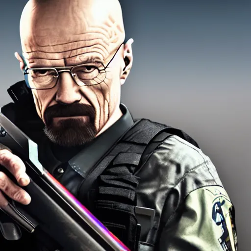 Image similar to walter white holding a shotgun as a rainbow six siege operator, 4 k, highly detailed