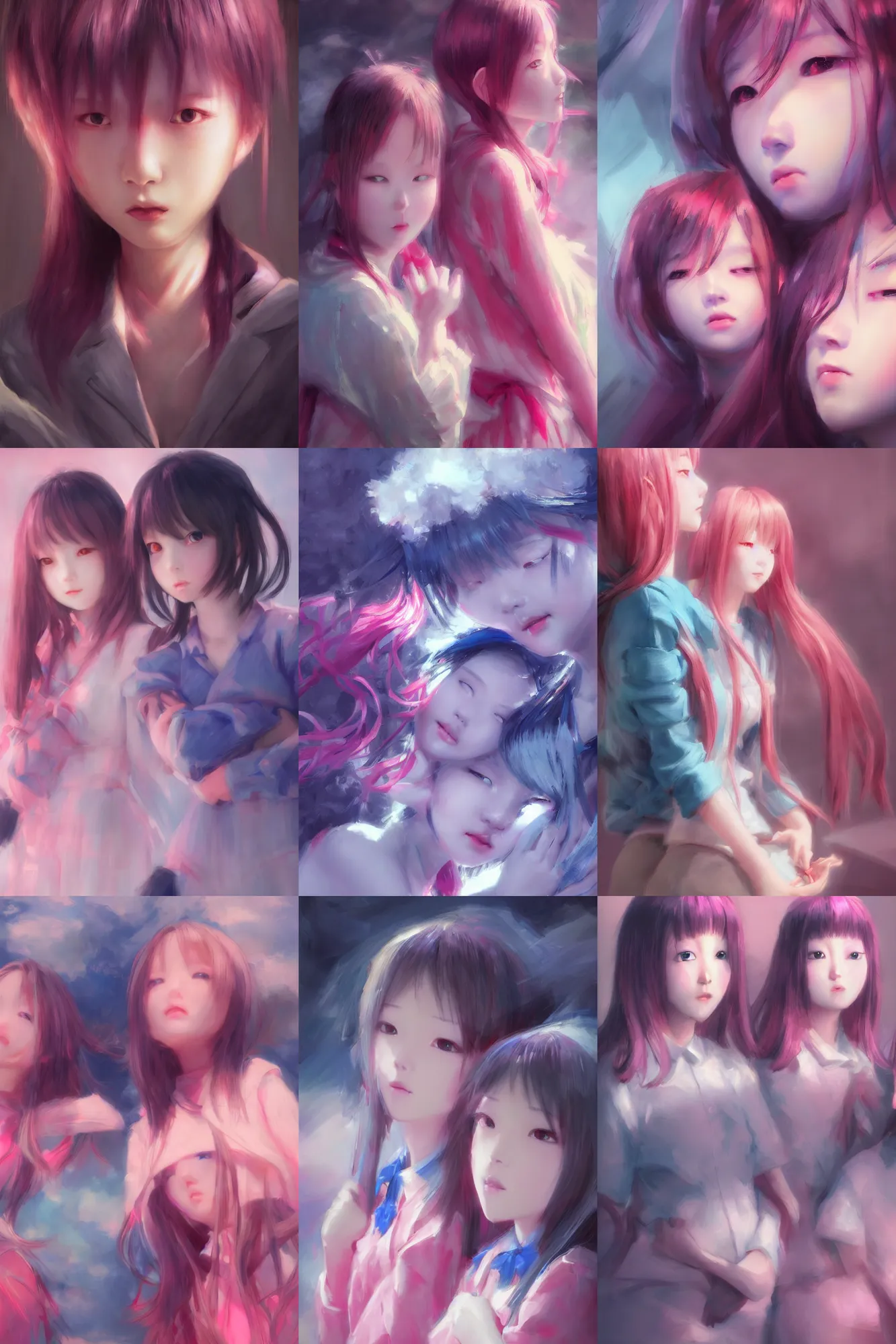 Image similar to 3d infrared octane render concept art by D. Jun, by Mo Xiang Tong Xiu, by Igarashi Daisuke, cute beauty complex portrait anime sad friends schoolgirls under dark pink and blue ocean. beautiful and cutest sad face. dramatic deep light, trending on artstation, oil painting brush