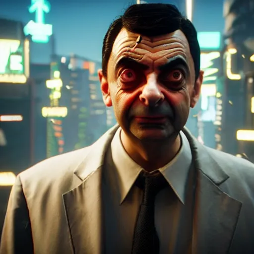 Prompt: mr. bean in cyberpunk 2 0 7 7, highly detailed, extremely high quality, hd, 4 k, 8 k, canon 3 0 0 mm, professional photographer, 4 0 mp, lifelike, top - rated, award winning, realistic, detailed lighting, detailed shadows, sharp, no blur, edited, corrected, trending