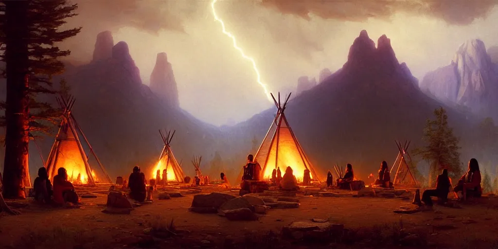 Image similar to some old native americans sitting together at a fire in front of some tipis, beatiful mountain background, cyberpunk, by albert bierstadt, by greg rutkowski, highly detailed, warm lightning, digital painting