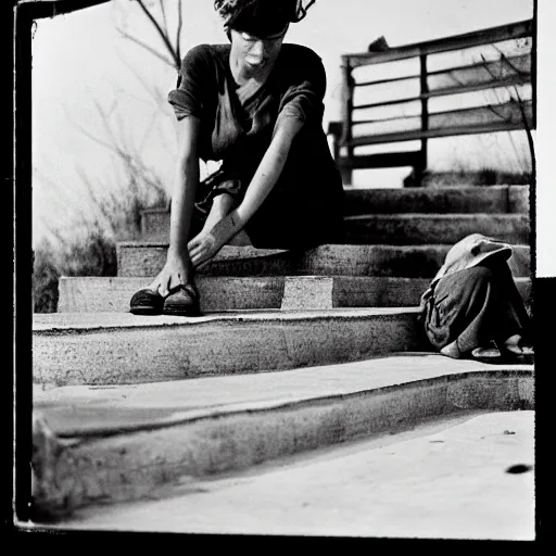 Prompt: Award winning Dorothea Lange photo, 1934, Great Depression. Woman sitting with crossed ankles on the steps of her house in the Kansas dustbowl. She stares off into the distance, resting her head on her hands. Americana, vintage, Pulitzer Prize.