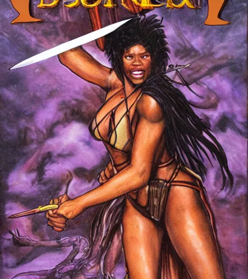 Image similar to 1 9 8 0 s fantasy novel book cover, amazonian la'tecia thomas in extremely tight bikini armor wielding a cartoonishly large sword, exaggerated body features, dark and smoky background, low quality print