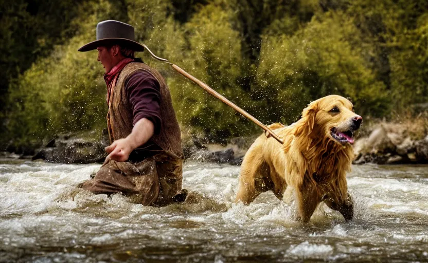 Image similar to a wild west man with the head of a golden retriever panning for gold in a river, gold nuggets in pan, cinematic style photograph