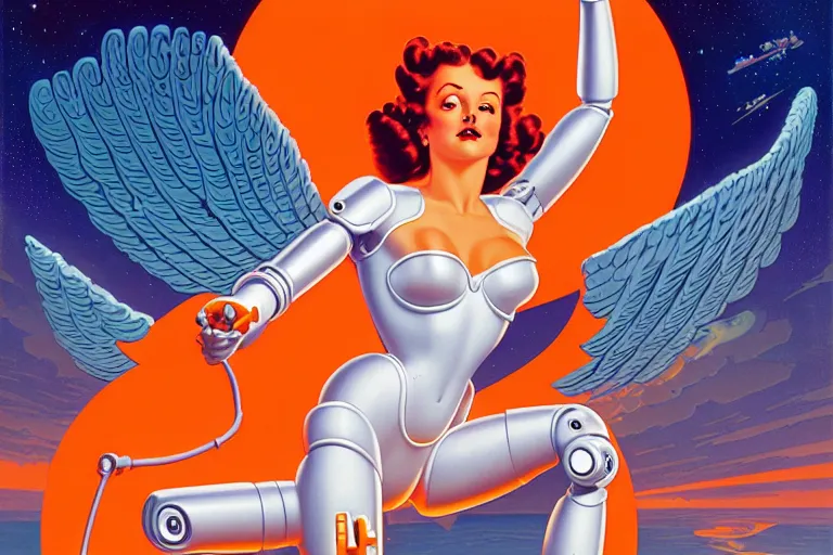 Prompt: a beautiful robotic angel terrified by an unseen assailant by dan mumford and alberto vargas and josan gonzalez and gil elvgren, vibrant, white, orange, blue