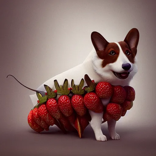 Prompt: corgi with strawberry skin : by michal karcz, daniel merriam, victo ngai and guillermo del toro : ornate, dynamic, particulate, intricate, elegant, highly detailed, centered, artstation, smooth, sharp focus, octane render