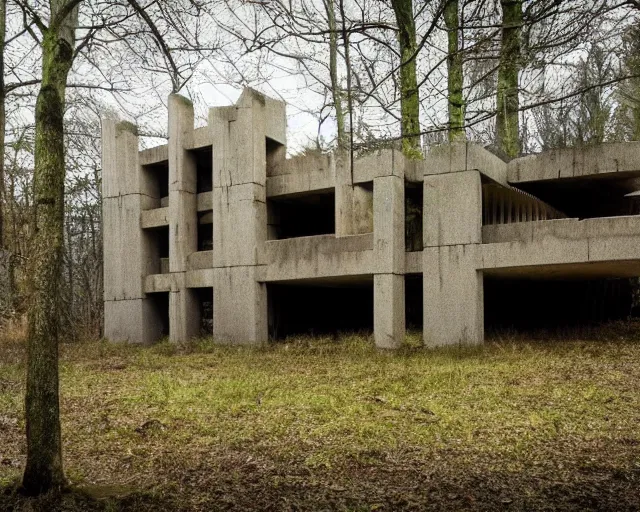 Prompt: pagan brutalist building made of carved wood near a pond and forest, a lot of chimes and calmness