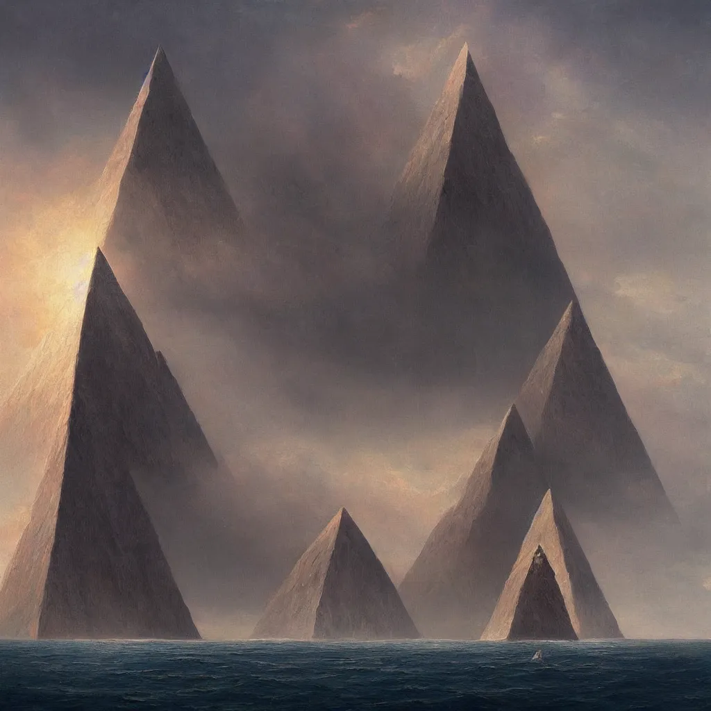 Prompt: A very beautiful painting of a (((dark Pyramid))) at Sea In style of Frederic Edwin Church and Zdzisław Beksiński.highly realistic,hyper detailed,4k,digital art,sci-fi