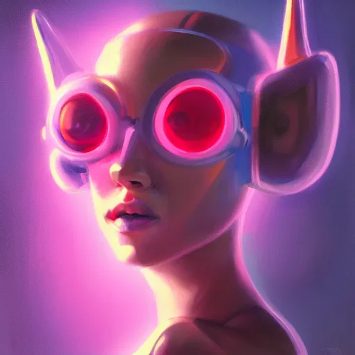 Image similar to portrait of a cute young woman with robot ears and eyes, 4k, sharp focus, neon colored fluorescent lighting, Andreas Rocha