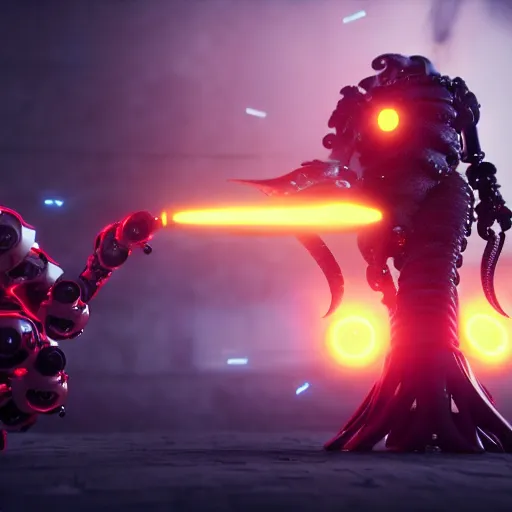 Prompt: an epic cinematic battle, a wizard, an evil tentacle ai robot, octane render