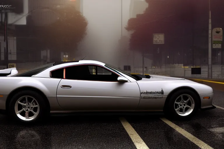 Image similar to hyperdetailed, photorealistic photograph of a 2 0 0 2 pontiac firebird trans - am drifting in the streets, rain, night, dense fog, hd, unreal engine 5 by greg rutowski, by stanley artgerm, by alphonse mucha