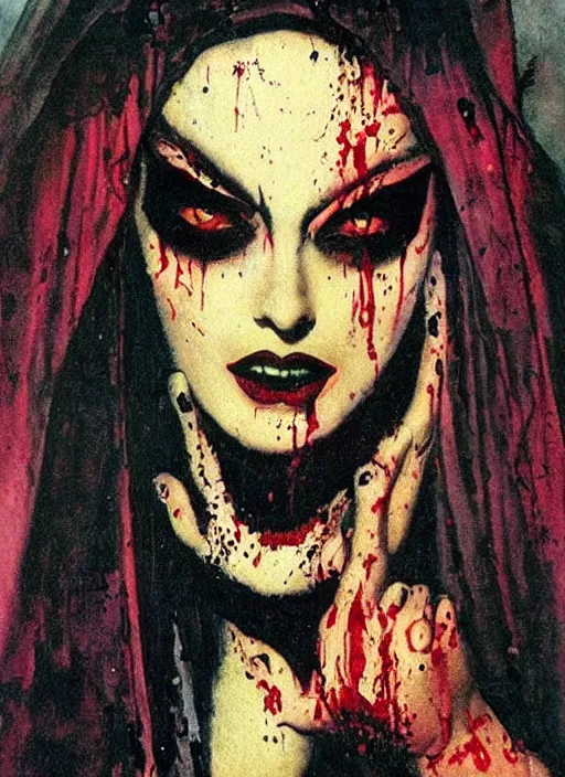 Image similar to portrait of bald iranian vampiress, jeweled veil, strong line, saturated color, beautiful! coherent! by frank frazetta, high contrast, blood splatter background