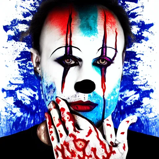 Prompt: profile picture of a man with clown makeup wearing a blue shirt with bloody handprints on a white background, line art, svg