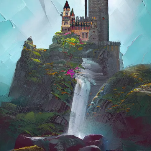 Image similar to a painting of a castle with a waterfall in front of it. unreal engine 5, digital painting, vertical, intricate, beautiful, detailed, grunge, sharp focus, abstract art by kuvshinov and el lissitzky and artgerm and kandinsky, trending on artstation. gradient darker to bottom