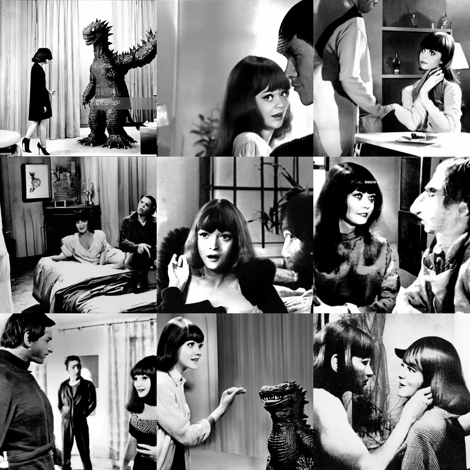 Prompt: godzilla is in a french bedroom with anna karina. gozilla is a big monster with scales. godzilla talks to anna karina. angled camera