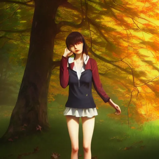 Prompt: realistic render of the girl character maple tree from bofuri by ross draws, forest background by ilya kuvshinov, digital anime art by ross tran, composition by sana takeda, lighting by greg rutkowski