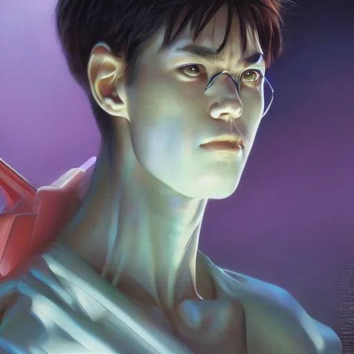 Image similar to Shinji from Neon Genesis Evangelion, Closeup portrait art by Donato Giancola and James Gurney, digital art, trending on artstation