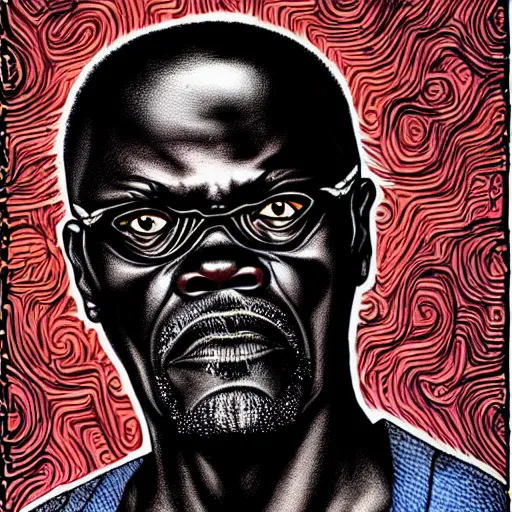 Prompt: samuel l jackson, hyper detailed, in the style of h. r. giger and junji ito and h. r. giger, selfie