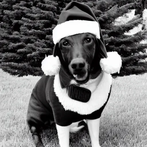 Image similar to santa's little helper dog as a real person, black and white photo