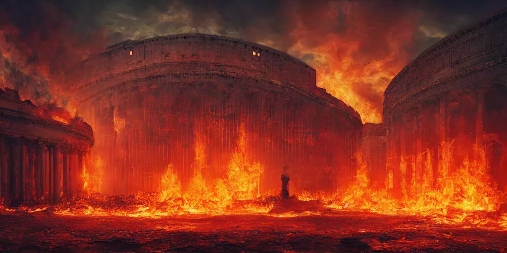 Image similar to painting of the great fire of rome, abstract, realism, 8 k, detailed, terror, octane render, 3 d render, complex emotion, glow, orange, beautiful, cinematic