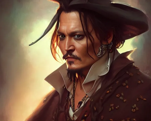 Image similar to photography of johnny depp, deep focus, d & d, fantasy, intricate, elegant, highly detailed, digital painting, artstation, concept art, matte, sharp focus, illustration, hearthstone, art by artgerm and greg rutkowski and alphonse mucha