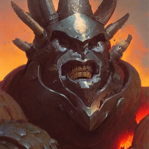 Image similar to head and shoulders portrait of an armored fire giant, d & d, fantasy, greg rutkowski, frank frazetta, alexandre chaudret, boris vallejo, michael whelan, miro petrov, magali villeneuve, donato giancola