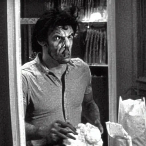 Image similar to film still of a funny looking werewolf with his hand extended, looking at a bag of flour, in an american werewolf in london