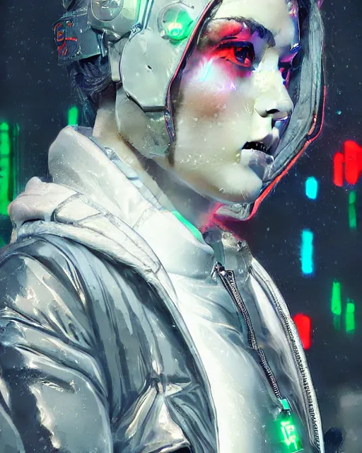 Image similar to detailed side profile portrait Neon Operator Girl, cyberpunk futuristic neon, reflective puffy coat, decorated with traditional Japanese ornaments by Ismail inceoglu dragan bibin hans thoma greg rutkowski Alexandros Pyromallis Nekro Rene Maritte Illustrated, Perfect face, fine details, realistic shaded, fine-face, pretty face