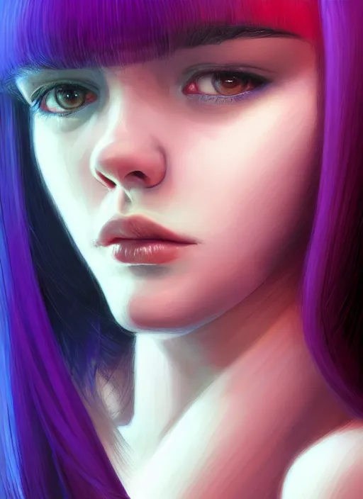 Image similar to hair whitebangs hair, black hair, blackbangswhitehair, portrait of teenage girl with white bangs, red irises, purple clothes, white bangs, bangs are different color from hair, intricate, elegant, glowing lights, highly detailed, digital painting, artstation, concept art, sharp focus, illustration, art by wlop, mars ravelo and greg rutkowski