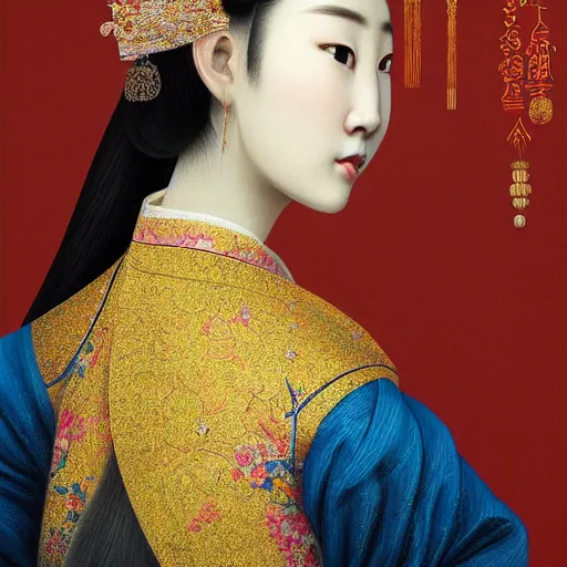 Image similar to hyper realism portrait of Chinese princess by Zhong, Fenghua and Ohara, Koson, stunning, detailing, artstation trending, perfect lighting, golden hour, face detailing