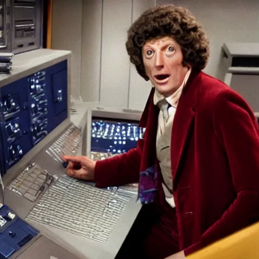 Image similar to Tom Baker as as the Doctor in his burgundy costume in the Tardis secondary control room