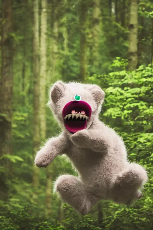 Image similar to A little furry cute monster is excited jumping over a mound in a misty forest, 4k, 8k