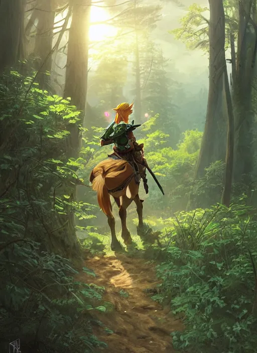 Image similar to link legend of zelda with shield on his back standing at a forest looking for adventure in the mountains, tall trees, landscape is lush, moody sunset in background, greg rutkowski, alphonse mucha, trending on artstation, artgerm, unreal engine, breathtaking, award winning, highly detailed