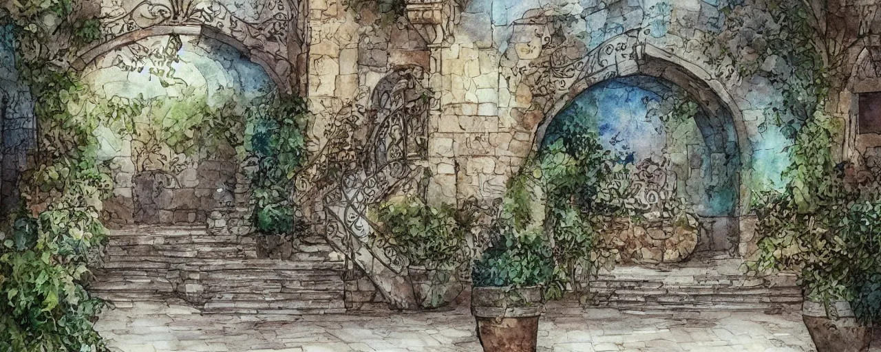 Image similar to courtyard walkway, fountain, castle, stairway, chairs, wrought iron, gate, botanic garden, botanical herbarium paper, watercolor colored painting, iridescent colors, realistic shaded, fine, artstation, italian style, colonnade ornate headdress, craving, carved, insanely detailed