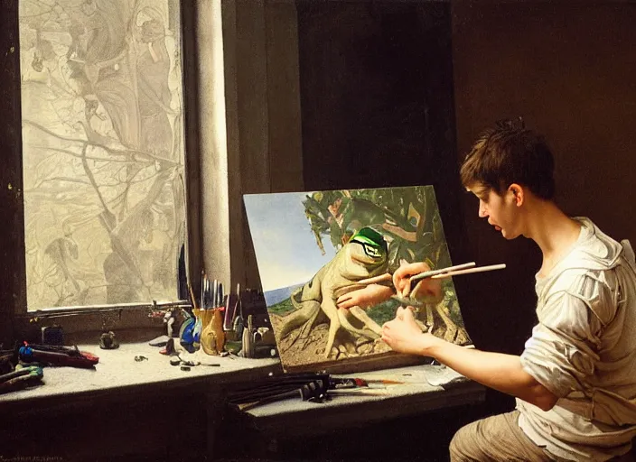 Image similar to a young painter in his studio painting a picture of pepe the frog, by edgar maxence and caravaggio and michael whelan and delacroix style, artistic, intricate drawing, cinematic lighting, hyper realistic, extremely detailed, establishing shot, 8 k resolution, dramatic lighting