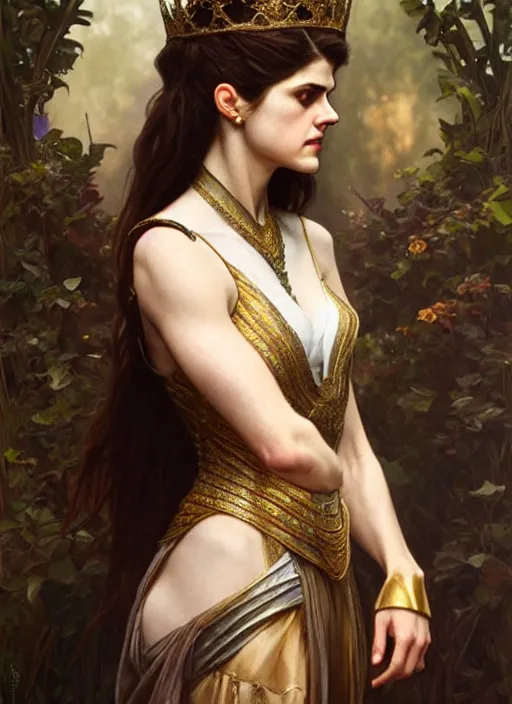 Prompt: alexandra daddario as queen, incredibly detailed face, light half opened dress, true anatomy, art by artgerm and greg rutkowski and alphonse mucha