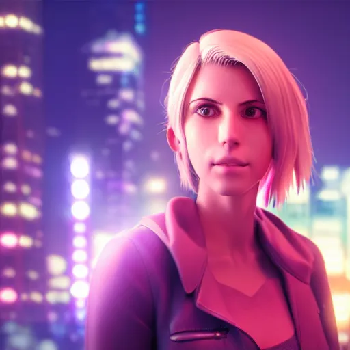 Image similar to Annie Leonhart in a neon city, octane render 8k, photorealistic render, atmospheric render, beautiful face, cute