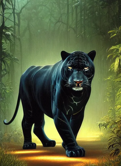 Prompt: a beautiful black jaguar walking in the jungle at night, art by christophe vacher