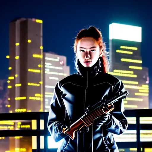 Image similar to photographic portrait of a techwear woman holding a shotgun, holding shotgun down, closeup, on the rooftop of a futuristic city at night, sigma 85mm f/1.4, 4k, depth of field, high resolution, full color, award winning photography, inspired by Kill Bill, inspired by John Wick, inspired by Die Hard, movies with guns, movie firearms