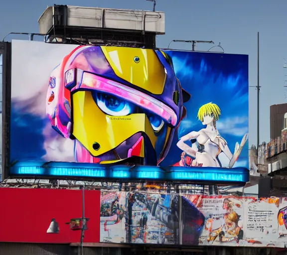 Image similar to billboard advertisement with an extremely beautiful photo of a white marble statue of an anime girl with colorful motocross logos and motorcycle helmet with closed visor, colorful smoke in the background, carved marble statue, fine art, neon genesis evangelion, virgil abloh, offwhite, denoise, highly detailed, 8 k, hyperreal