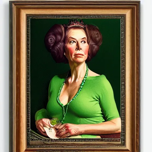 Image similar to frontal portrait of the queen of the avocado Kingdom, by Norman Rockwell and Gerald Brom