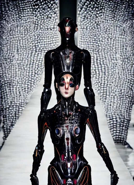 Image similar to walking down the catwalk, steven klein, show, stage, vogue photo, podium, fashion show photo, iris van herpen, beautiful woman, perfect body, full body shot, helmet on face, masterpiece, guyver, jellyfish, biomechanical details, movie still, fauvism, cinestill, bokeh, gelios lens